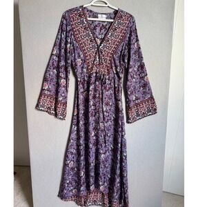 The Fox and the Mermaid Women's S/M Purple Floral Boho Bell Sleeve Maxi Dress